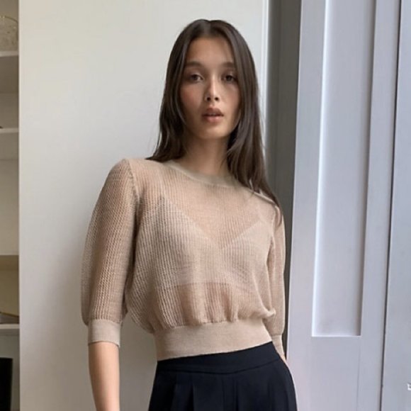 Aritzia Sweaters - NWT Aritzia Babaton Lucida Mesh Knit Sweater in Olive Beige L